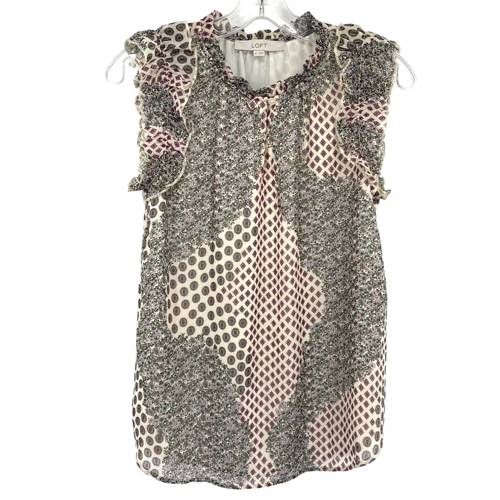 Loft Mixed Print Floral Ruffle Sleeveless Blouse Top